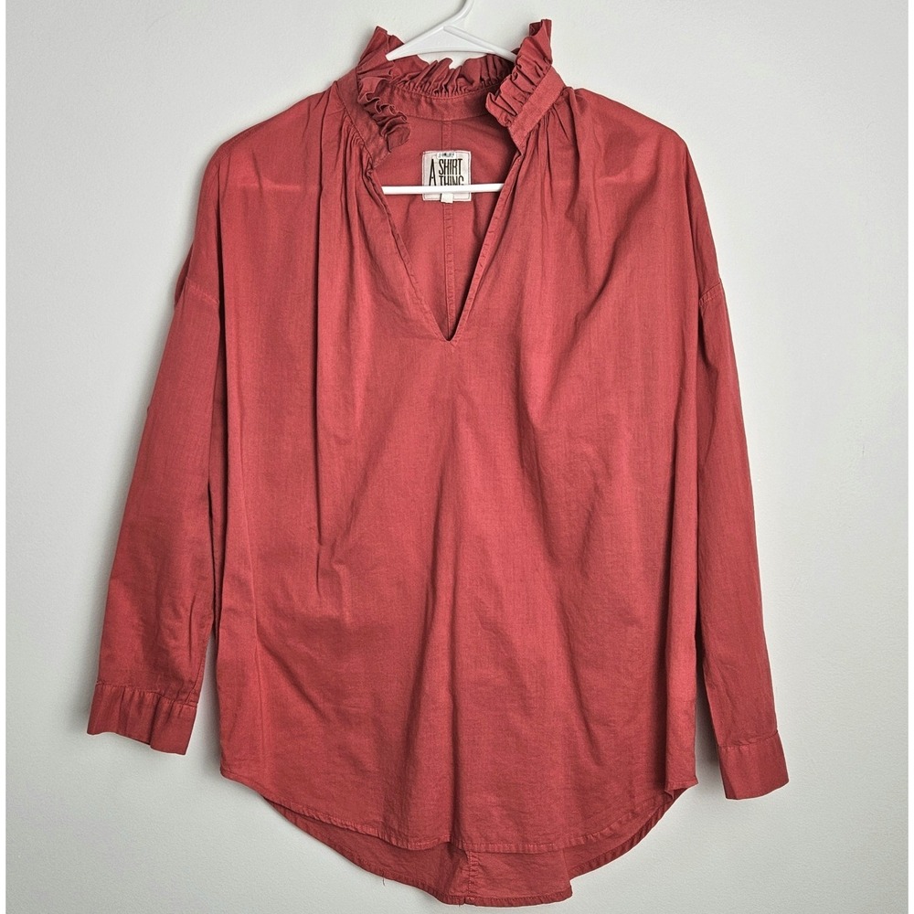A Shirt Thing Blouse Sz XS Penelope Cabo Pink Ruffle Cotton Long Sleeve USA MADE